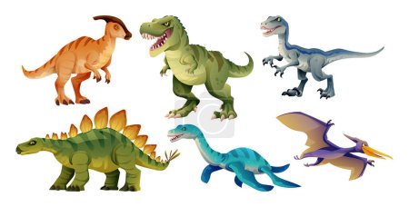 Téléchargez les illustrations : Ensemble de personnages de dinosaures de bande dessinée illustration vectorielle - en licence libre de droit