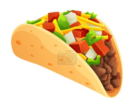 Téléchargez les illustrations : Taco avec viande, légumes et tortilla. Illustration vectorielle alimentaire mexicaine - en licence libre de droit