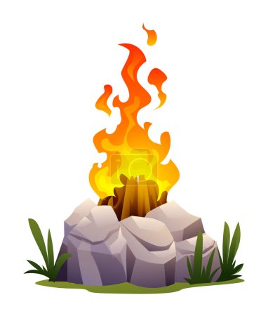 Ilustración de Hoguera ardiente con madera y piedras en estilo de dibujos animados - Imagen libre de derechos