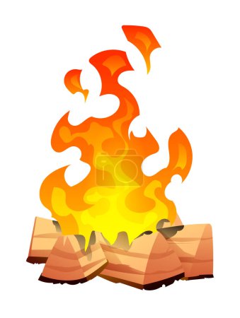 Téléchargez les illustrations : Feu de joie brûlant avec illustration de dessin animé en bois - en licence libre de droit