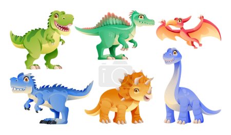 Téléchargez les illustrations : Ensemble de personnages de dinosaures mignons dans le style de dessin animé - en licence libre de droit