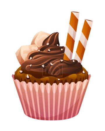 Téléchargez les illustrations : Vecteur cupcake chocolat isolé sur fond blanc. Cupcake illustration de dessin animé - en licence libre de droit