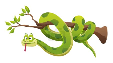 Ilustración de Serpiente de dibujos animados en rama aislada sobre fondo blanco - Imagen libre de derechos