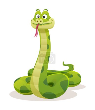 Téléchargez les illustrations : Serpent vert dessin animé isolé sur fond blanc - en licence libre de droit