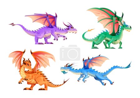 Téléchargez les illustrations : Ensemble de personnages de dragon dans le style de dessin animé - en licence libre de droit