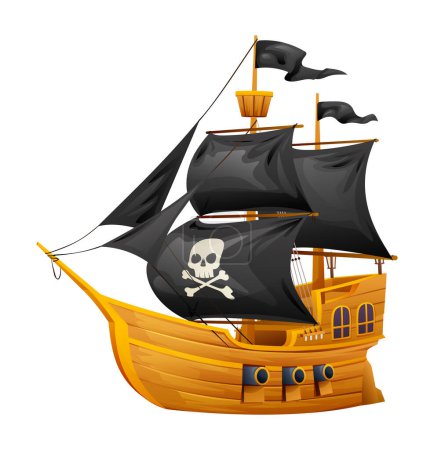 Téléchargez les illustrations : Illustration de bateau pirate en bois dans le style dessin animé - en licence libre de droit