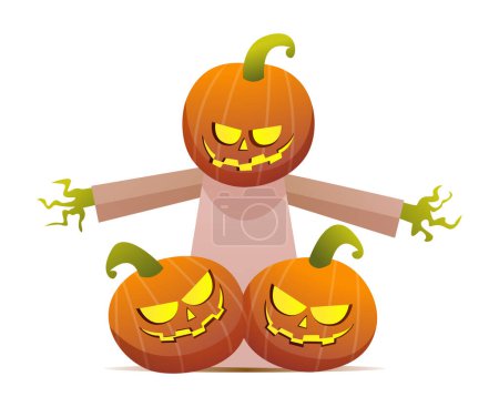 Téléchargez les illustrations : Halloween citrouilles épouvantail Jack o lanterne personnage dans le style de dessin animé isolé sur fond blanc - en licence libre de droit