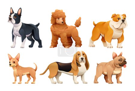 Ilustración de Conjunto de diferentes razas de perros en estilo de dibujos animados. Boston Terrier, Poodle, Bulldog, Chihuahua, Basset Hound, ilustración de vectores de Bulldog francés - Imagen libre de derechos