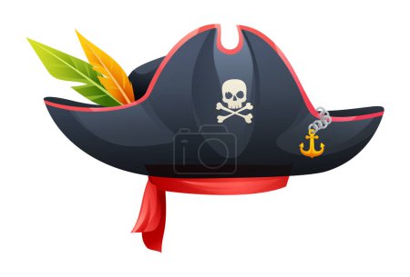 Illustration for Pirate hat with skull, crossbones and feathers cartoon illustration isolated on white background - Royalty Free Image