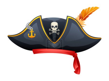Sombrero pirata con ilustración de cráneo, huesos cruzados, ancla y vector de plumas