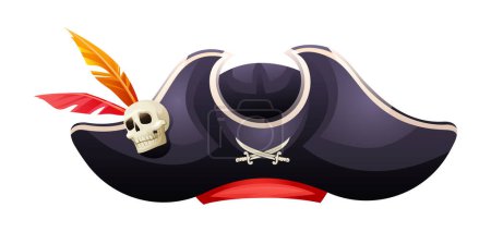 Illustration for Pirate hat with skull, crossed swords and feathers cartoon illustration - Royalty Free Image