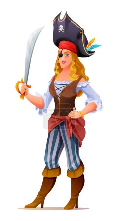 Ilustración de Mujer pirata sosteniendo una espada. Ilustración de diseño de caracteres - Imagen libre de derechos