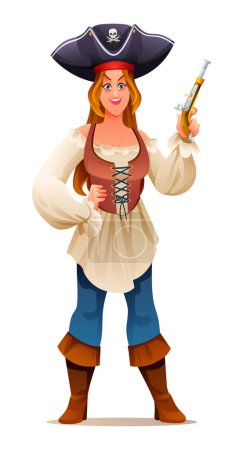Ilustración de Mujer pirata sosteniendo una pistola. Ilustración de diseño de caracteres - Imagen libre de derechos