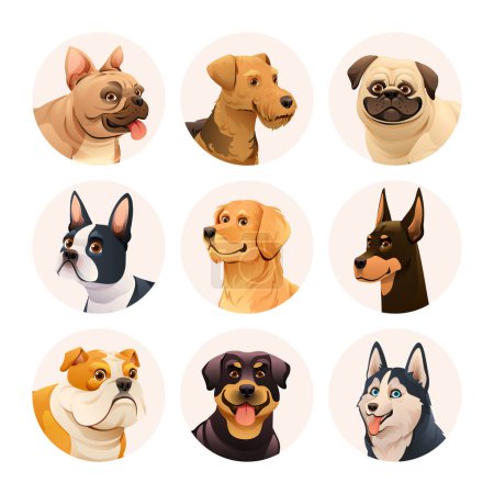 Téléchargez les illustrations : Jeu de caractères avatar pour chien. Collection de différentes races de chiens illustration vectorielle - en licence libre de droit