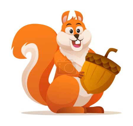 Téléchargez les illustrations : Mignon écureuil tenant gland dessin animé illustration - en licence libre de droit