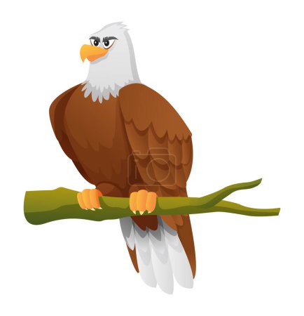 Illustration for Cartoon eagle sitting on branch illustration isolated on white background - Royalty Free Image