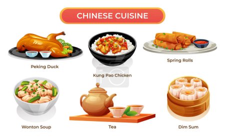 Illustration for Set of Chinese cuisine vector illustration. Asian food pecking duck, kung pao chicken, spring rolls, wonton soup, dim sum and tea - Royalty Free Image