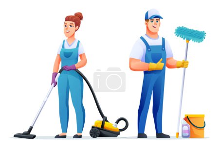 Illustration for Cleaning workers man and woman characters. Professional cleaning staff, janitors cartoon character - Royalty Free Image