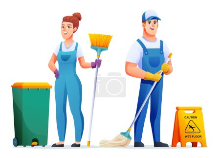 Illustration for Set of cleaning service man and woman characters. Professional cleaning staff cartoon characters - Royalty Free Image