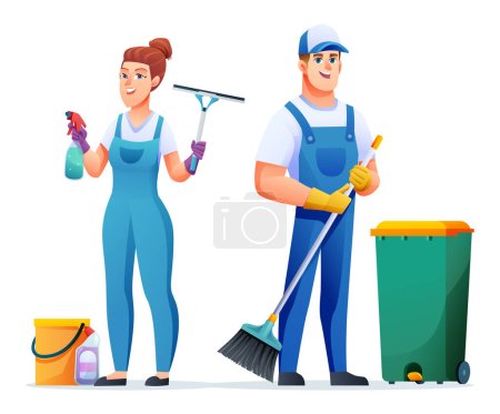 Illustration for Cleaning service man and woman characters. Professional cleaning staff, janitors cartoon character - Royalty Free Image