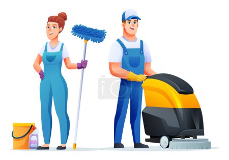 Illustration for Set of cleaning workers man and woman characters. Professional cleaning staff cartoon characters - Royalty Free Image