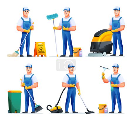 Illustration for Set of cleaning service man with different equipment. Male housekeeper cartoon character - Royalty Free Image