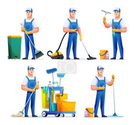 Illustration for Set of cleaning service man with different equipment. Male janitor cartoon character - Royalty Free Image