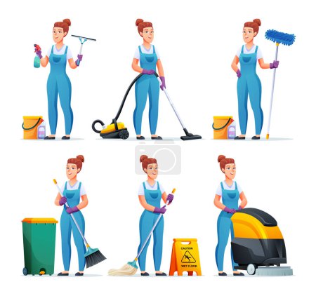 Illustration for Set of cleaning service woman with different equipment. Female housekeeper cartoon character - Royalty Free Image