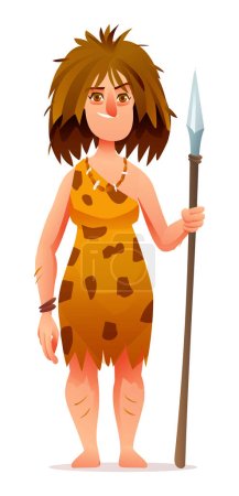 Illustration for Primitive woman character. Prehistoric stone age cave woman holding a weapon cartoon illustration - Royalty Free Image