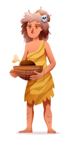 Illustration for Primitive woman character. Prehistoric stone age cave woman cartoon illustration - Royalty Free Image