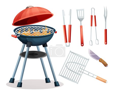 Illustration for Set of charcoal barbecue grill, tongs, spatula, fork, knife. BBQ tools vector cartoon illustration - Royalty Free Image