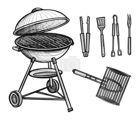 Illustration for Set of charcoal barbecue grill, tongs, spatula, fork, knife. BBQ tools hand drawn sketch illustration - Royalty Free Image
