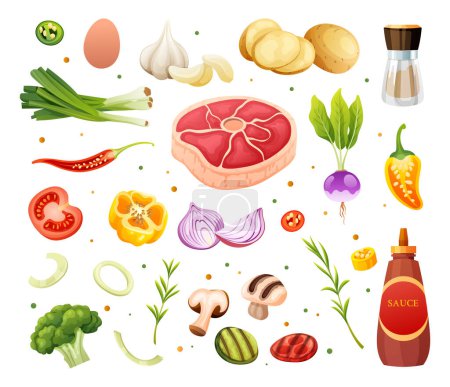 Téléchargez les illustrations : Ensemble d'illustration de viande, légumes et herbes. ingrédients alimentaires sains dessin animé vectoriel - en licence libre de droit