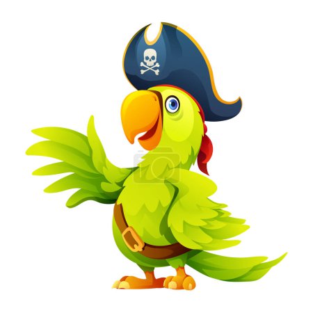 Illustration for Cute pirate parrot waving wing cartoon illustration isolated on white background - Royalty Free Image