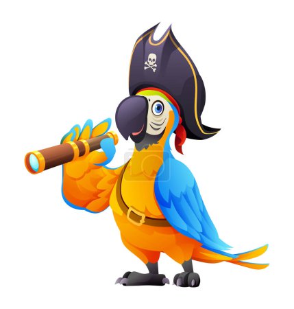 Illustration for Cute pirate parrot with spyglass cartoon illustration isolated on white background - Royalty Free Image