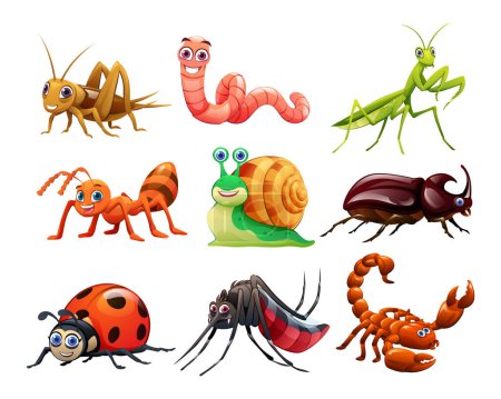 Téléchargez les illustrations : Ensemble d'insectes mignons dans le style de dessin animé - en licence libre de droit