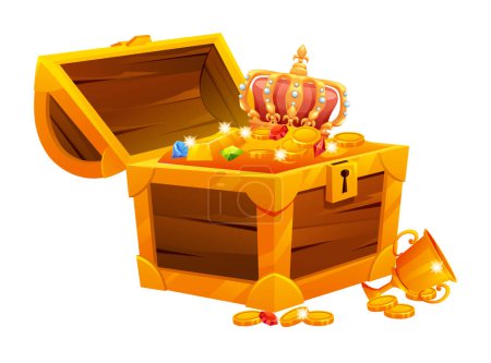 Illustration for Treasure chest with golden coins, crown and gemstones cartoon illustration - Royalty Free Image