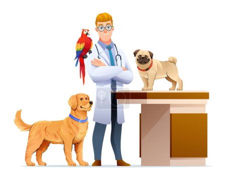 Illustration for Veterinarian with dogs and a parrot bird cartoon illustration - Royalty Free Image