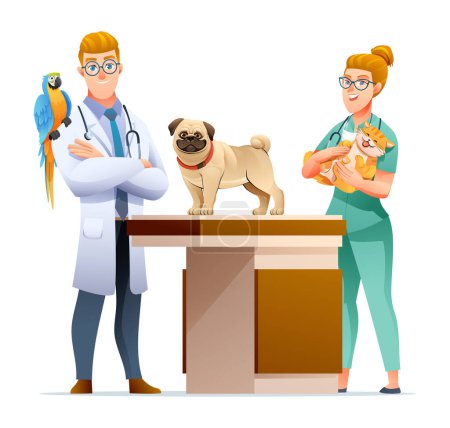 Téléchargez les illustrations : Vétérinaires homme et femme avec illustration vectorielle chien, chat et perroquet - en licence libre de droit