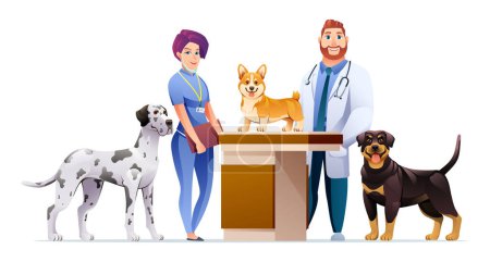 Ilustración de Hombre y mujer veterinarios con lindos perros vector ilustración - Imagen libre de derechos