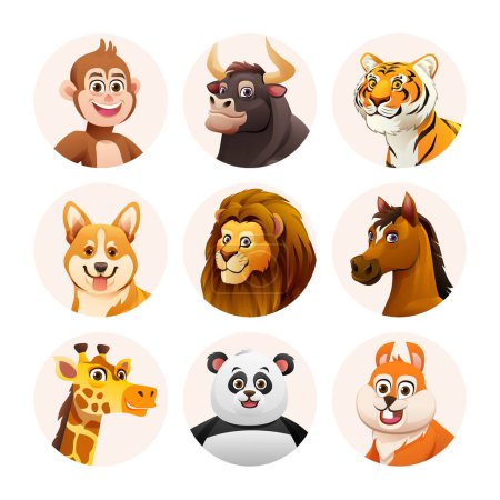 Ilustración de Colección de personajes avatar animal. Caras de animales lindos en estilo de dibujos animados - Imagen libre de derechos