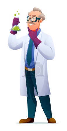 Illustration for Scientist professor wearing lab coat holding a test tube. Vector cartoon character - Royalty Free Image