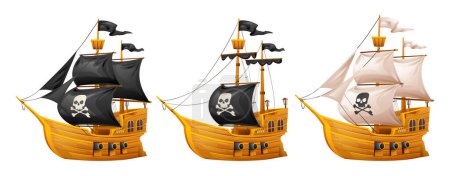 Illustration for Set of wooden pirate ship illustration. Cartoon sailing ship isolated on white background - Royalty Free Image