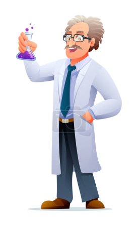 Ilustración de Profesor científico con bata de laboratorio sosteniendo un tubo de ensayo. Ilustración de personajes de dibujos animados vectoriales - Imagen libre de derechos