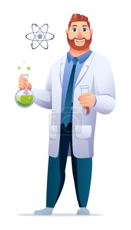 Ilustración de Profesor científico con bata de laboratorio sosteniendo tubos de ensayo. Personaje de dibujos animados vector - Imagen libre de derechos