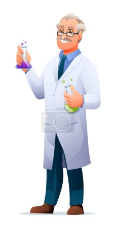 Ilustración de Profesor científico con bata de laboratorio sosteniendo tubos de ensayo. Dibujos animados carácter ilustración - Imagen libre de derechos
