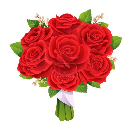 Téléchargez les illustrations : Beau bouquet de roses rouges isolé sur fond blanc. Illustration vectorielle du bouquet nuptial - en licence libre de droit