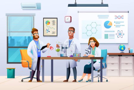 Illustration for Group of scientists conducting experiments in science laboratory. Male and female scientists doing scientific research. Vector illustration - Royalty Free Image