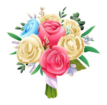 Téléchargez les illustrations : Bouquet de roses rouges, blanches et bleues isolé sur fond blanc. Illustration vectorielle du bouquet nuptial - en licence libre de droit