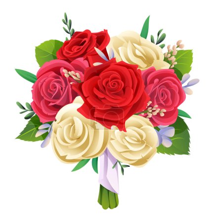 Illustration for Beautiful red and white roses bouquet isolated on white background. Vector illustration of bridal bouquet - Royalty Free Image